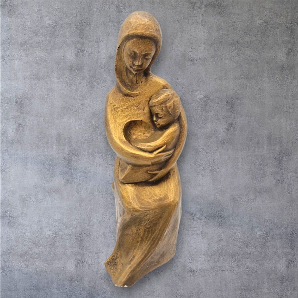 MCM Vintage Mother & Child Chalkware Sculpture Figurine Gold Mary & Baby Jesus
